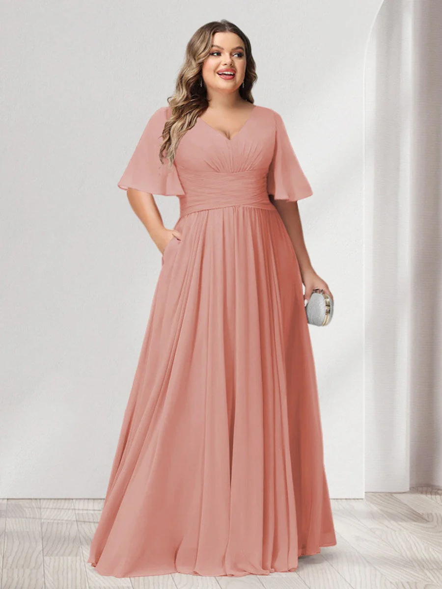A-Line/Princess V-Neck Half Sleeves Chiffon Plus Size Bridesmaid Dresses with Pockets - Image 11