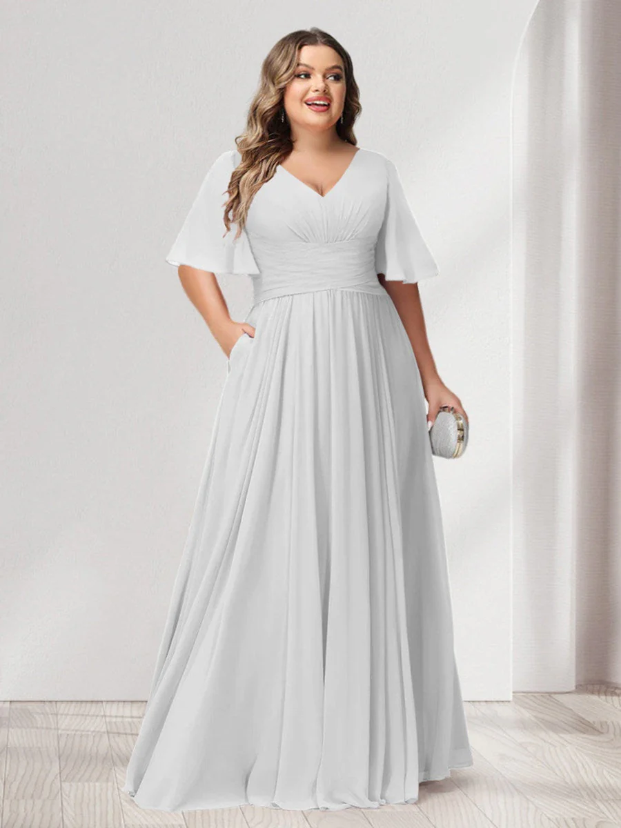 A-Line/Princess V-Neck Half Sleeves Chiffon Plus Size Bridesmaid Dresses with Pockets - Image 15
