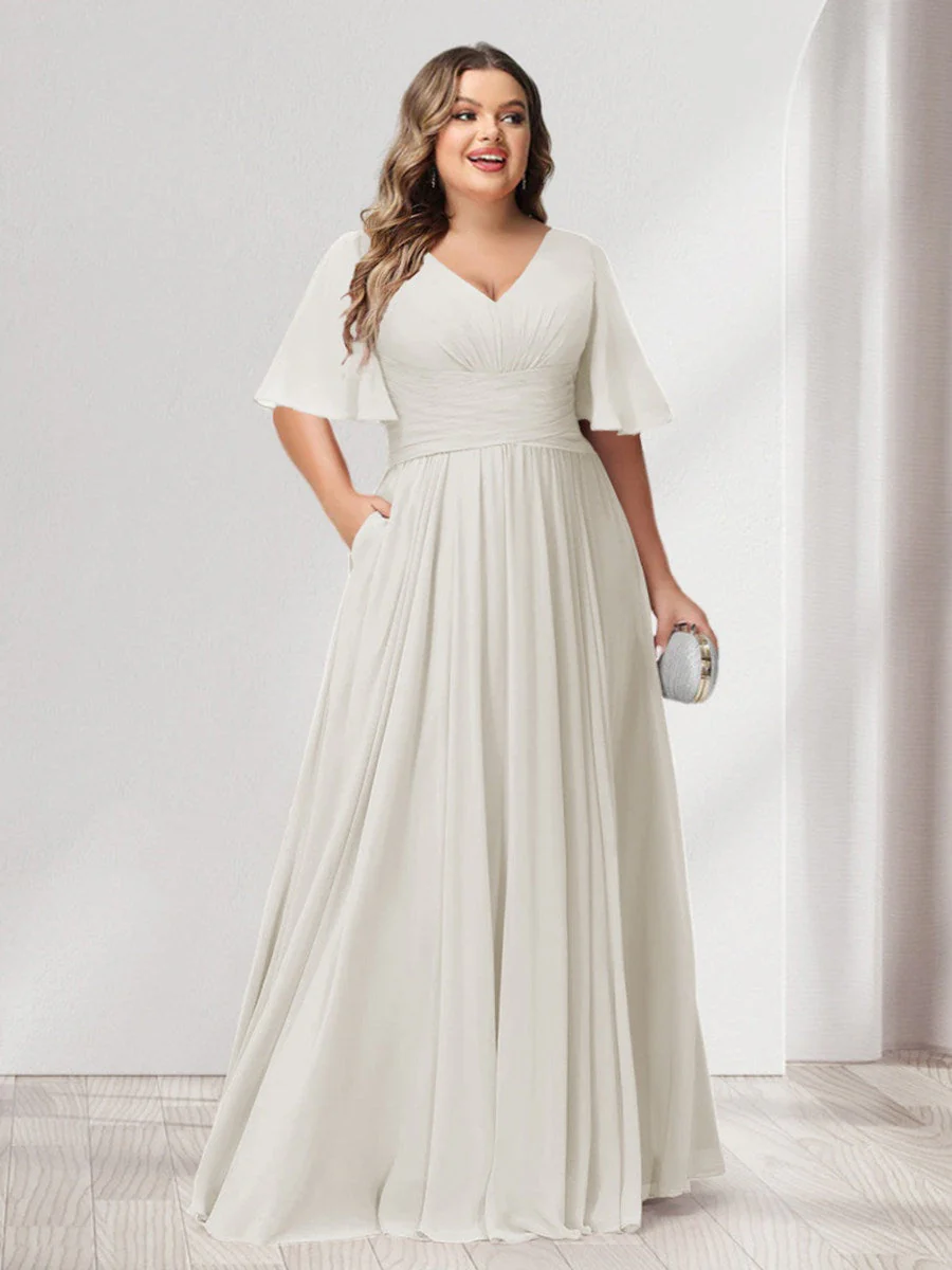A-Line/Princess V-Neck Half Sleeves Chiffon Plus Size Bridesmaid Dresses with Pockets - Image 17