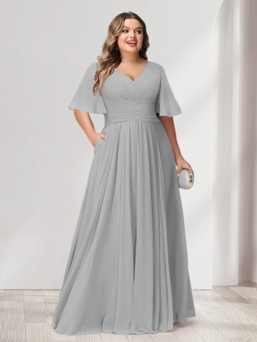 A-Line/Princess V-Neck Half Sleeves Chiffon Plus Size Bridesmaid Dresses with Pockets - Image 18
