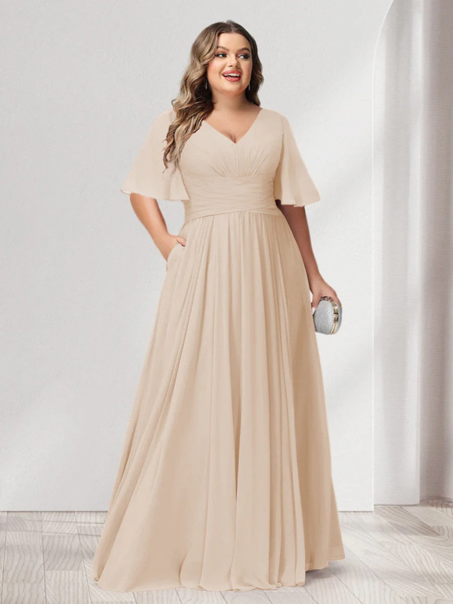 A-Line/Princess V-Neck Half Sleeves Chiffon Plus Size Bridesmaid Dresses with Pockets - Image 19