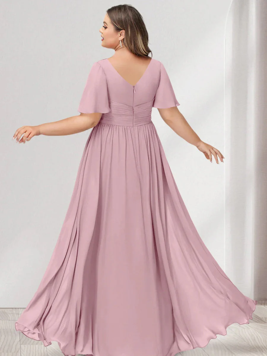 A-Line/Princess V-Neck Half Sleeves Chiffon Plus Size Bridesmaid Dresses with Pockets - Image 2