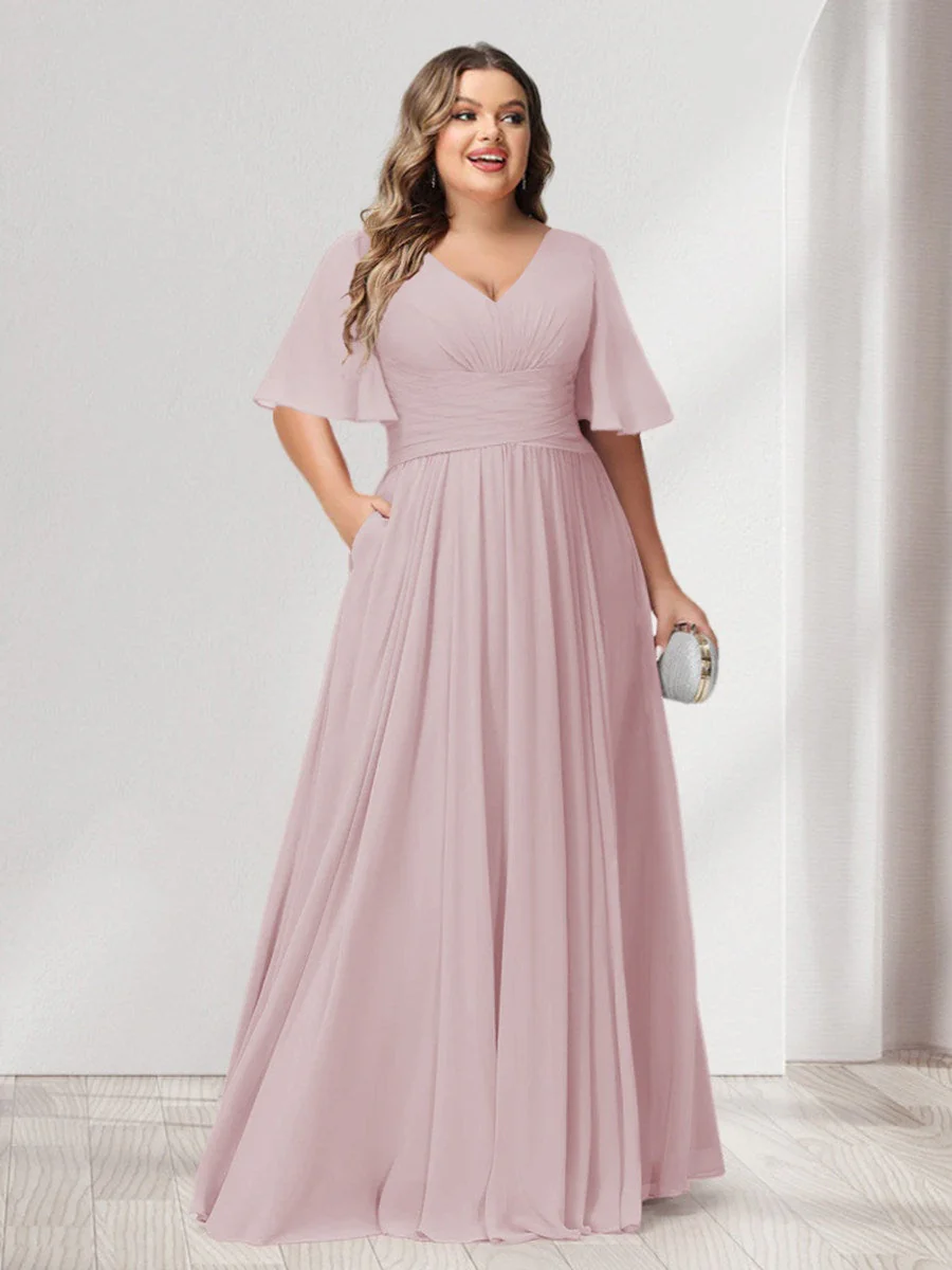 A-Line/Princess V-Neck Half Sleeves Chiffon Plus Size Bridesmaid Dresses with Pockets - Image 23