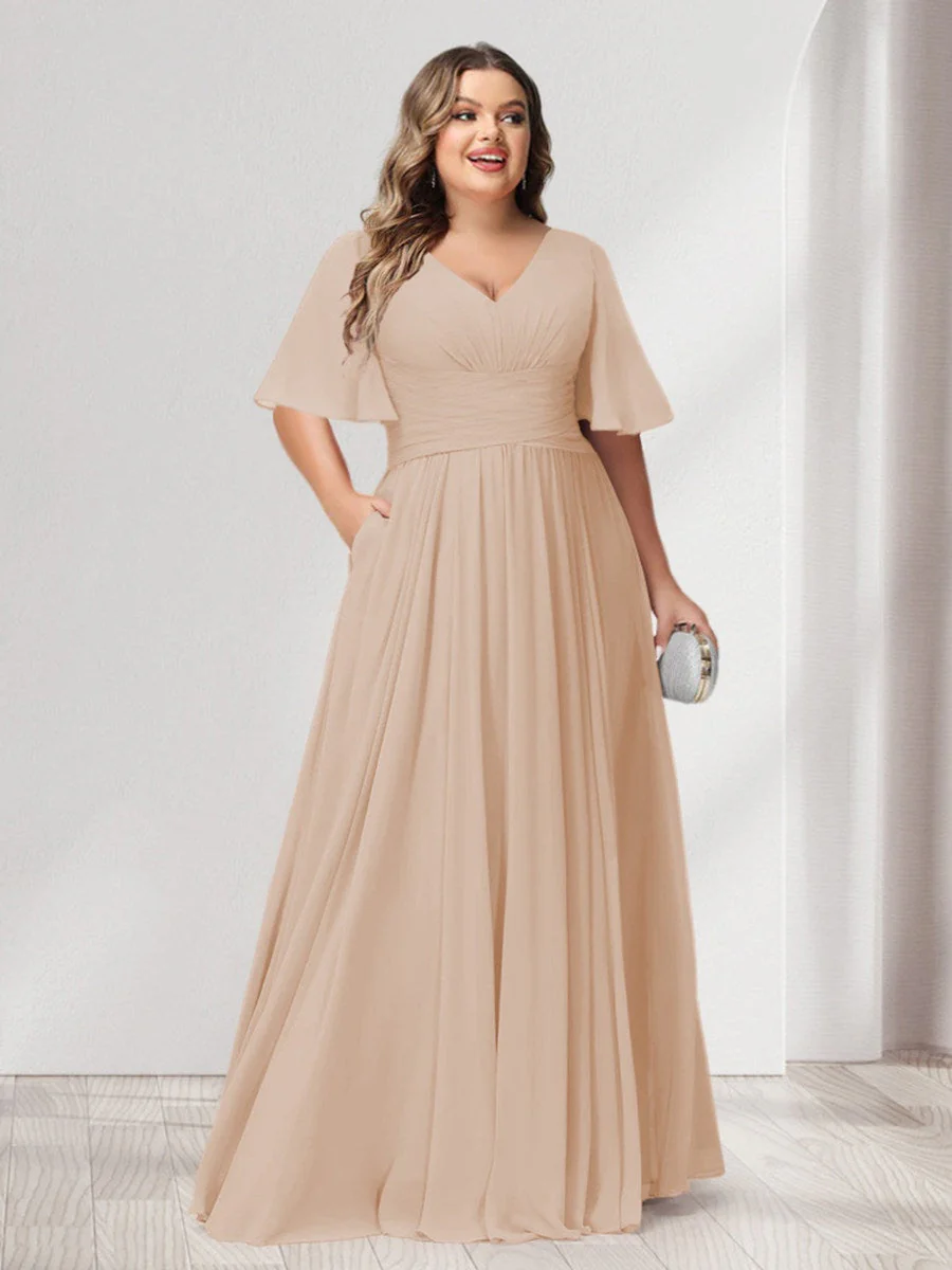 A-Line/Princess V-Neck Half Sleeves Chiffon Plus Size Bridesmaid Dresses with Pockets - Image 25