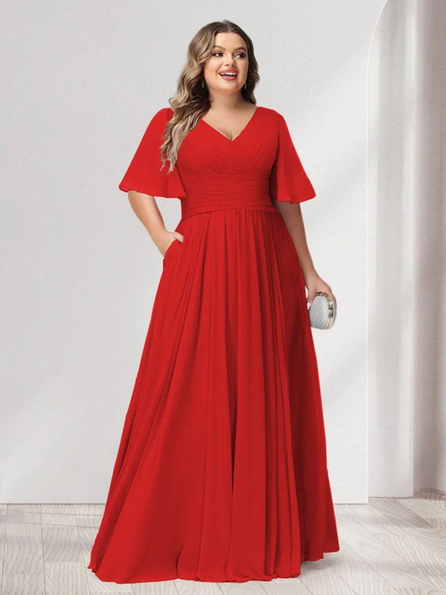A-Line/Princess V-Neck Half Sleeves Chiffon Plus Size Bridesmaid Dresses with Pockets - Image 32