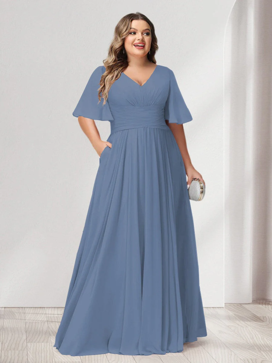 A-Line/Princess V-Neck Half Sleeves Chiffon Plus Size Bridesmaid Dresses with Pockets - Image 47