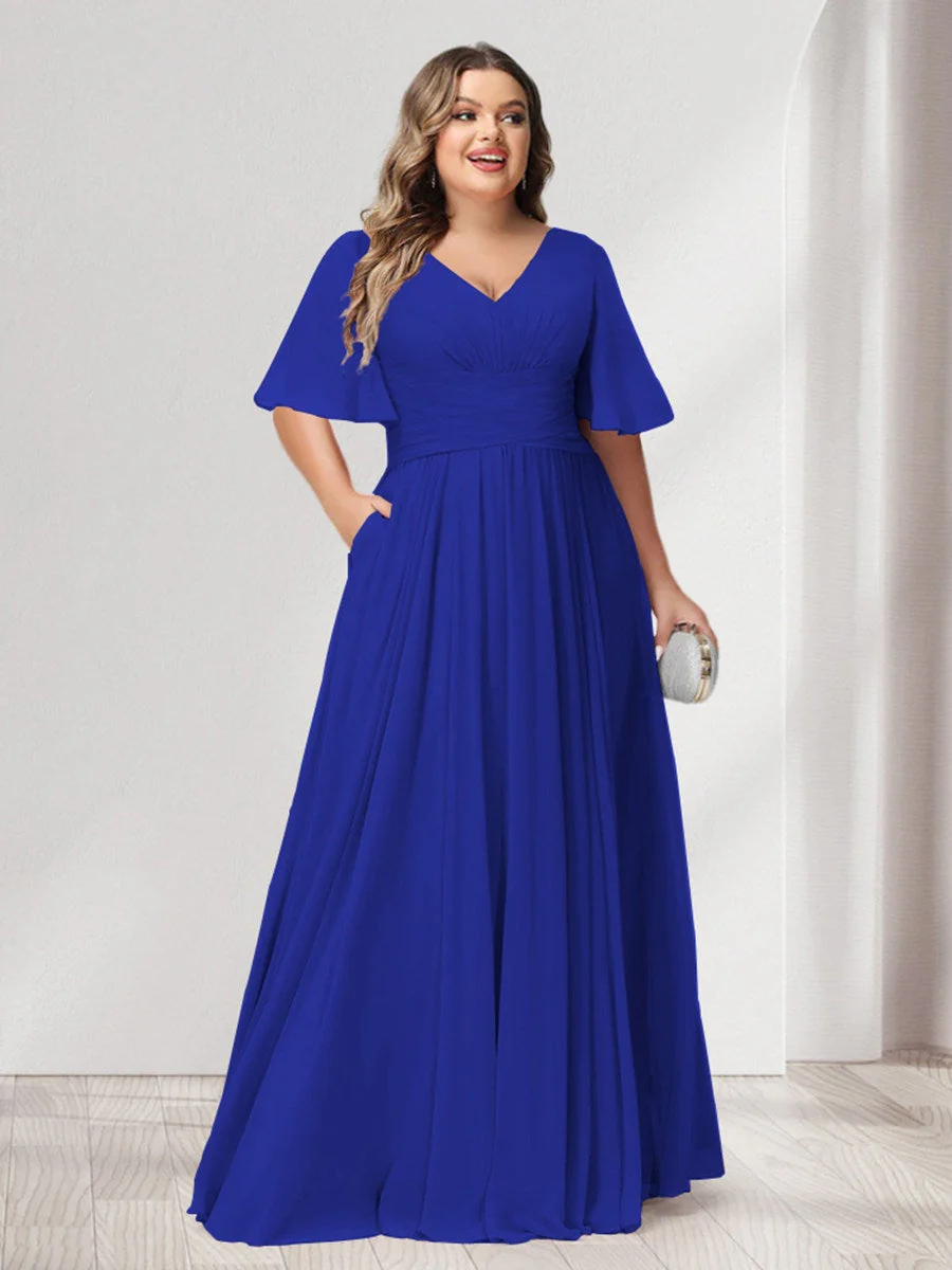 A-Line/Princess V-Neck Half Sleeves Chiffon Plus Size Bridesmaid Dresses with Pockets - Image 52
