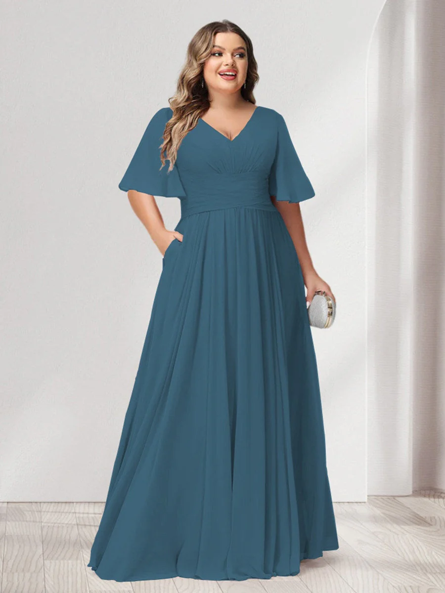 A-Line/Princess V-Neck Half Sleeves Chiffon Plus Size Bridesmaid Dresses with Pockets - Image 54