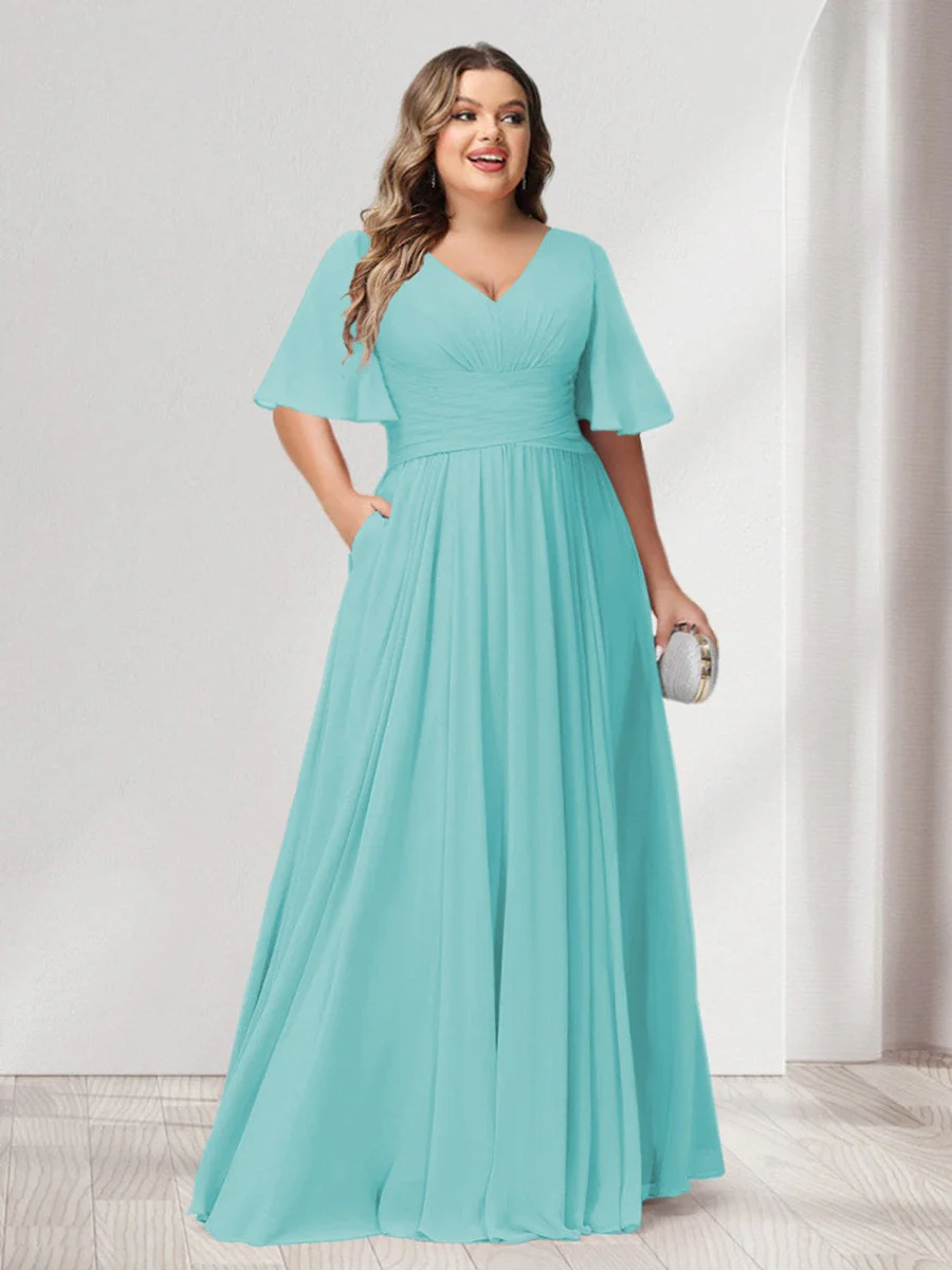 A-Line/Princess V-Neck Half Sleeves Chiffon Plus Size Bridesmaid Dresses with Pockets - Image 58
