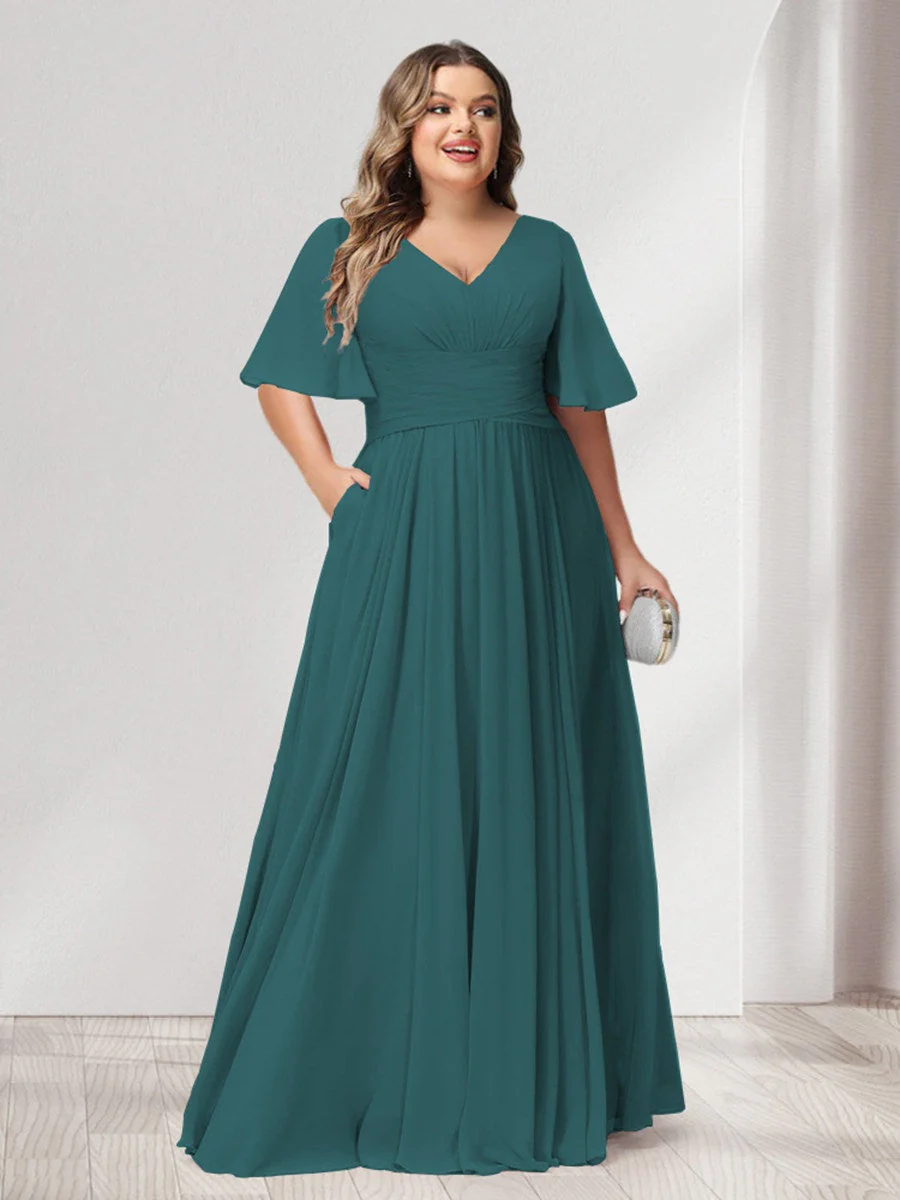 A-Line/Princess V-Neck Half Sleeves Chiffon Plus Size Bridesmaid Dresses with Pockets - Image 62