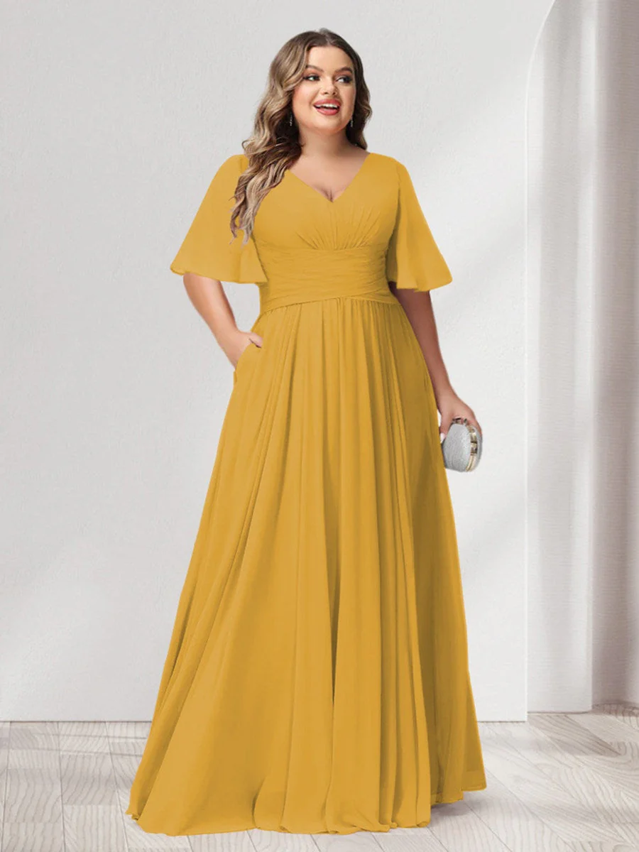 A-Line/Princess V-Neck Half Sleeves Chiffon Plus Size Bridesmaid Dresses with Pockets - Image 66
