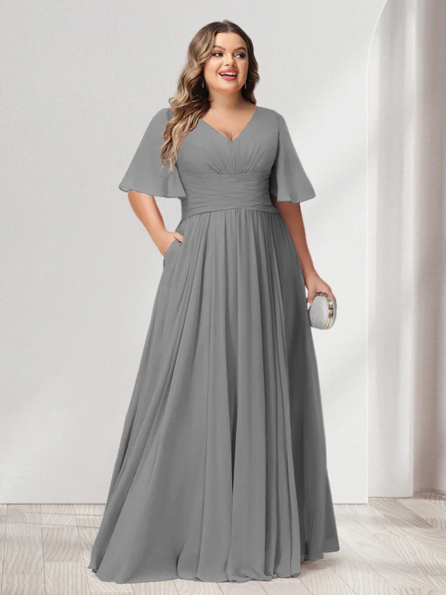 A-Line/Princess V-Neck Half Sleeves Chiffon Plus Size Bridesmaid Dresses with Pockets - Image 71