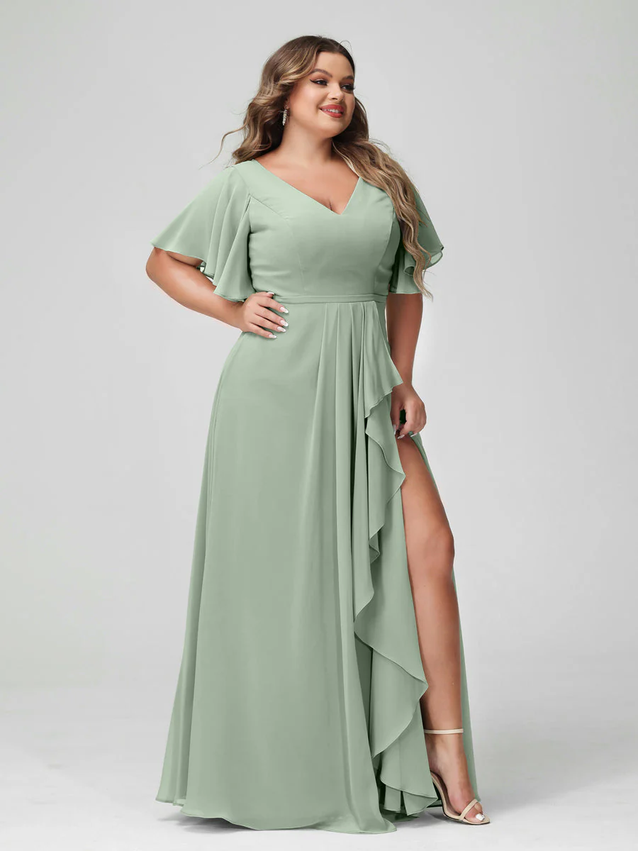 A-Line/Princess V-Neck Half Sleeves Chiffon Plus Size Bridesmaid Dresses with Split Side & Ruffles - Image 11