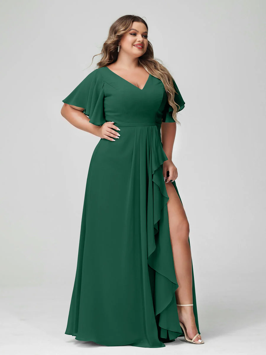 A-Line/Princess V-Neck Half Sleeves Chiffon Plus Size Bridesmaid Dresses with Split Side & Ruffles - Image 12