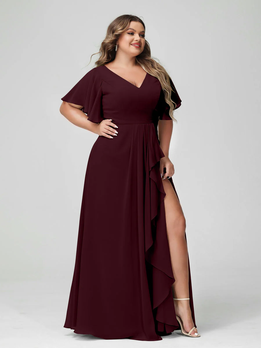 A-Line/Princess V-Neck Half Sleeves Chiffon Plus Size Bridesmaid Dresses with Split Side & Ruffles - Image 13
