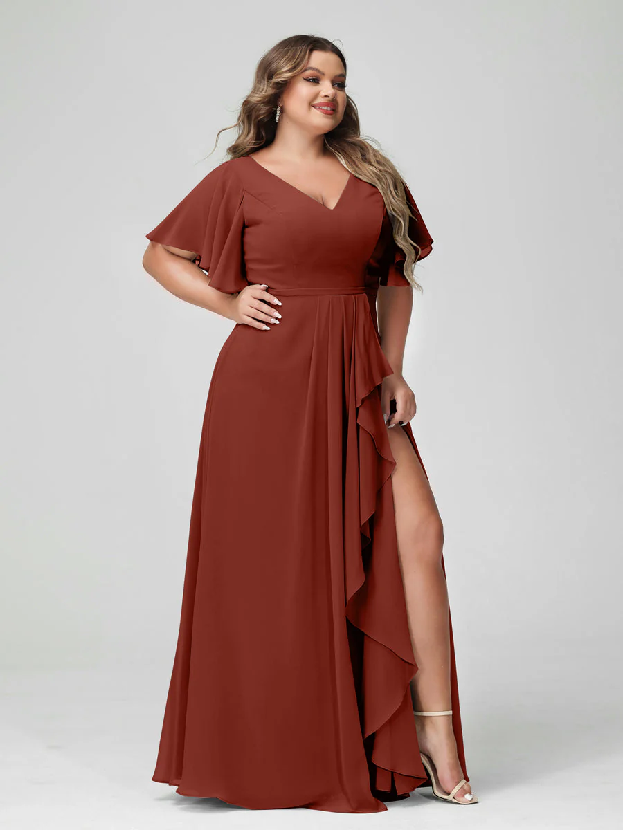 A-Line/Princess V-Neck Half Sleeves Chiffon Plus Size Bridesmaid Dresses with Split Side & Ruffles - Image 14