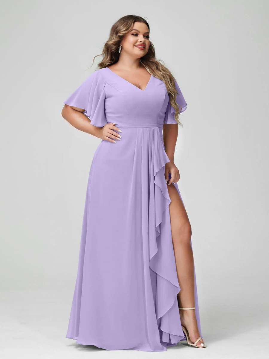 A-Line/Princess V-Neck Half Sleeves Chiffon Plus Size Bridesmaid Dresses with Split Side & Ruffles - Image 15