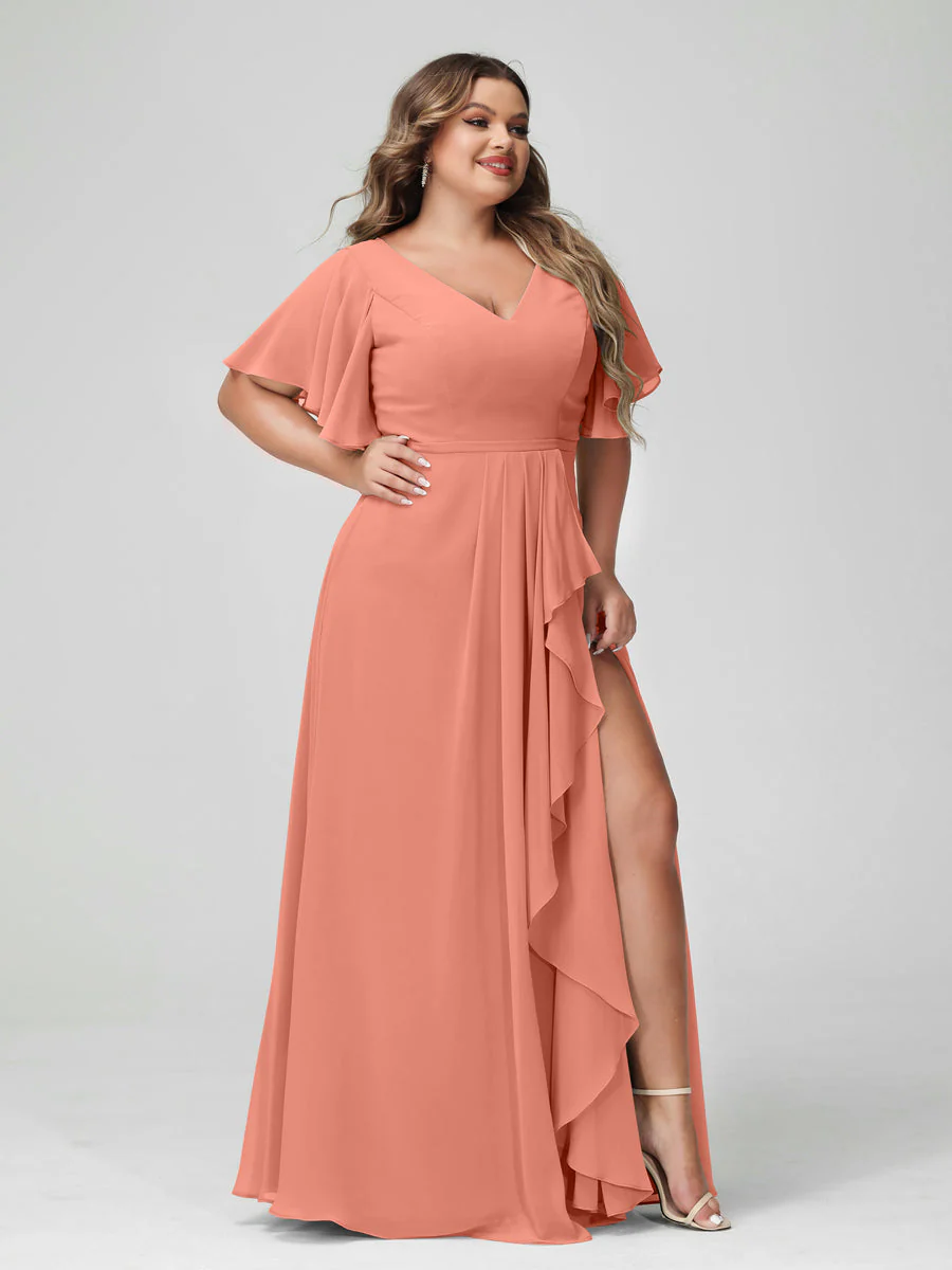 A-Line/Princess V-Neck Half Sleeves Chiffon Plus Size Bridesmaid Dresses with Split Side & Ruffles - Image 16