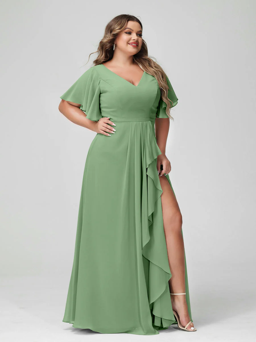 A-Line/Princess V-Neck Half Sleeves Chiffon Plus Size Bridesmaid Dresses with Split Side & Ruffles - Image 17