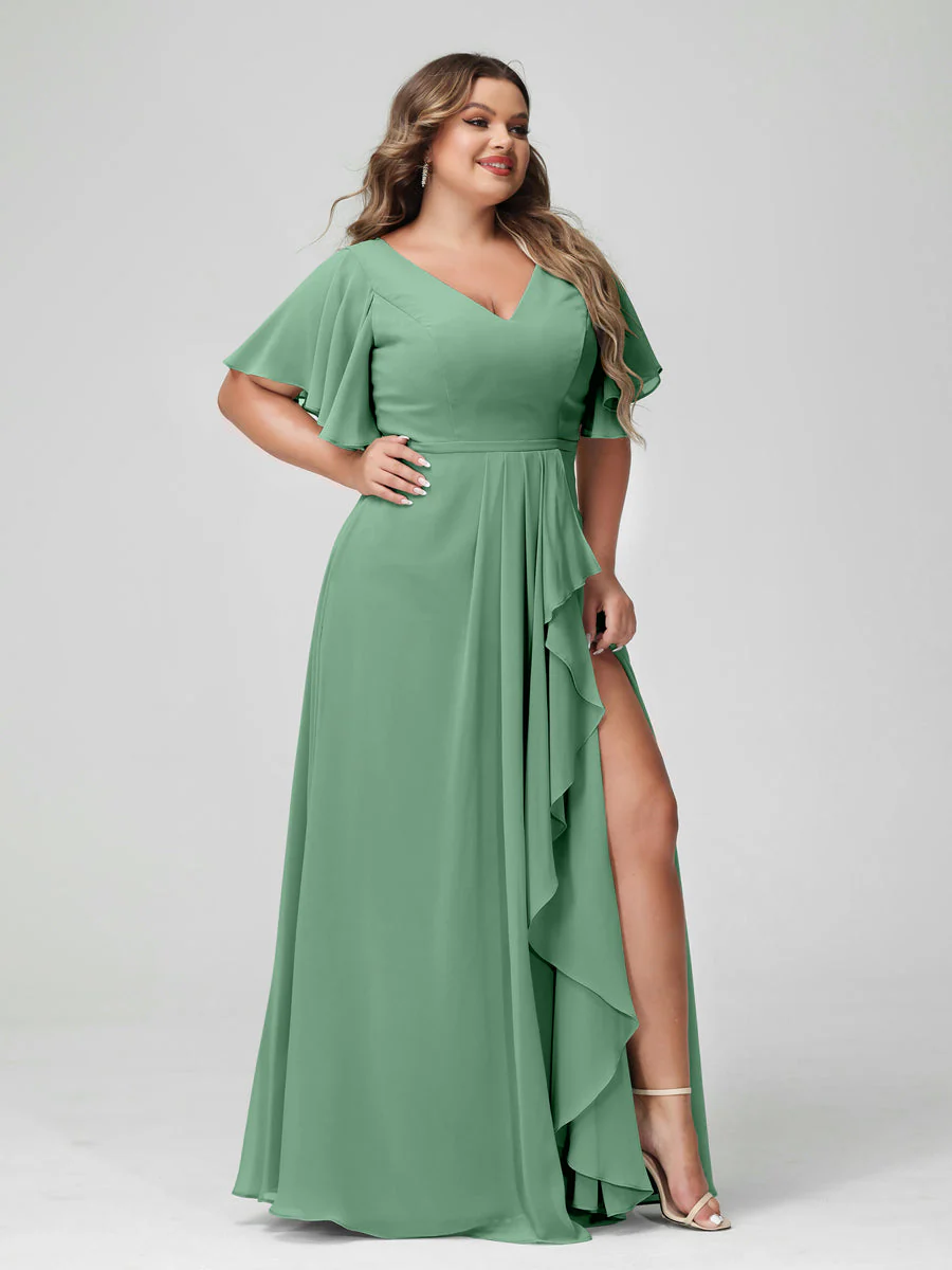 A-Line/Princess V-Neck Half Sleeves Chiffon Plus Size Bridesmaid Dresses with Split Side & Ruffles - Image 18