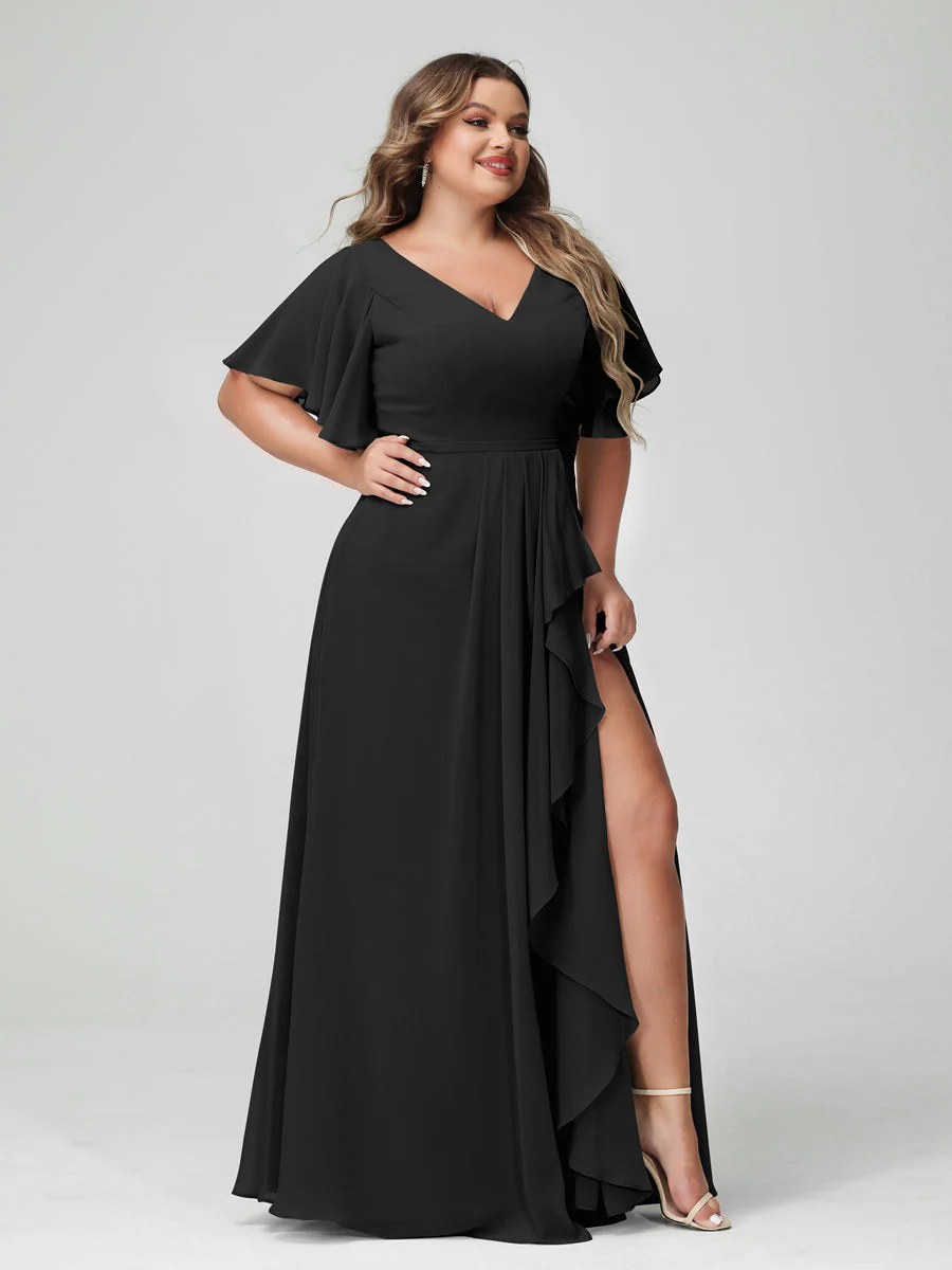 A-Line/Princess V-Neck Half Sleeves Chiffon Plus Size Bridesmaid Dresses with Split Side & Ruffles - Image 19