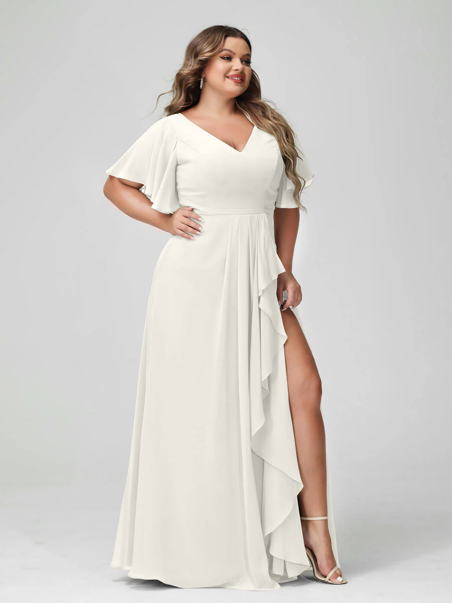 A-Line/Princess V-Neck Half Sleeves Chiffon Plus Size Bridesmaid Dresses with Split Side & Ruffles - Image 22