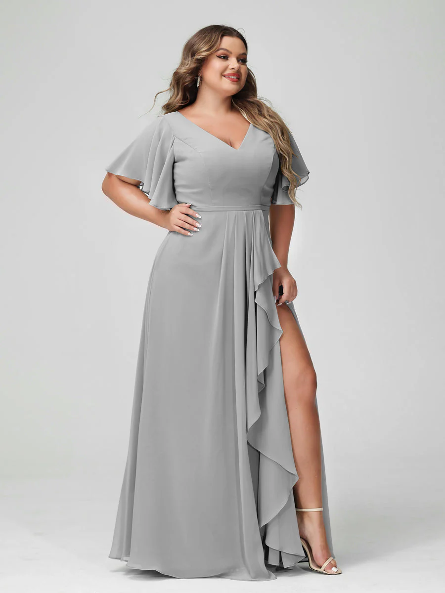 A-Line/Princess V-Neck Half Sleeves Chiffon Plus Size Bridesmaid Dresses with Split Side & Ruffles - Image 23