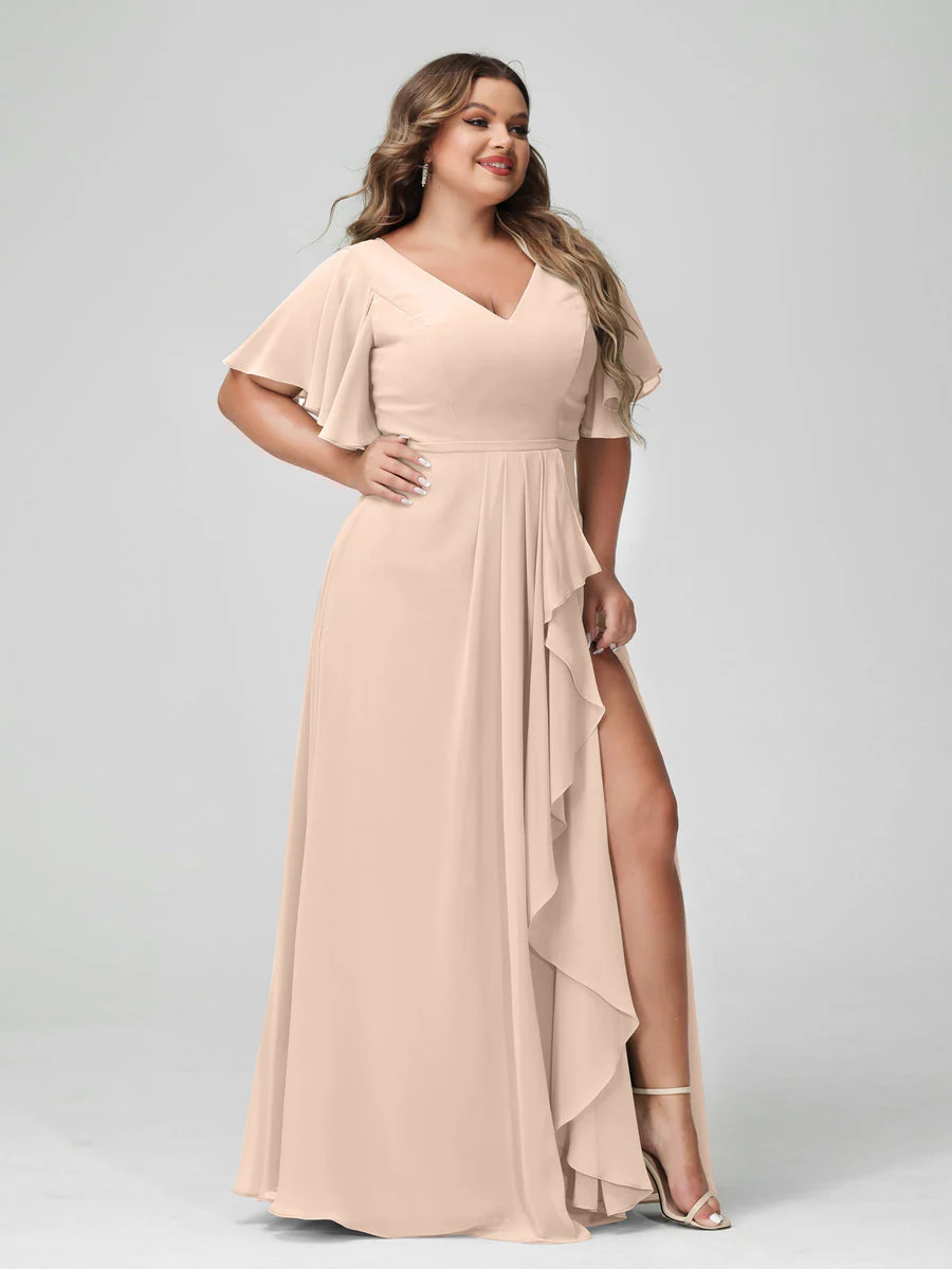 A-Line/Princess V-Neck Half Sleeves Chiffon Plus Size Bridesmaid Dresses with Split Side & Ruffles - Image 24