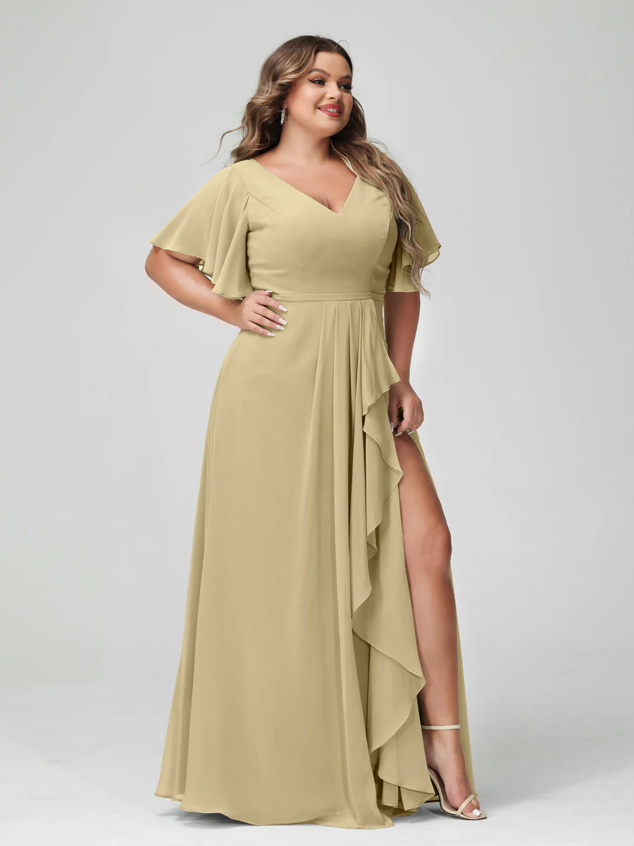 A-Line/Princess V-Neck Half Sleeves Chiffon Plus Size Bridesmaid Dresses with Split Side & Ruffles - Image 25