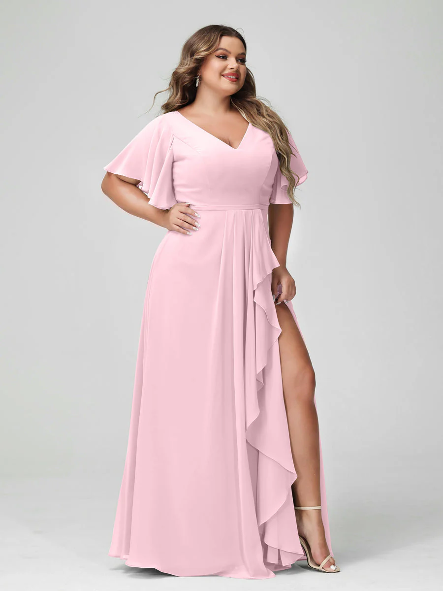 A-Line/Princess V-Neck Half Sleeves Chiffon Plus Size Bridesmaid Dresses with Split Side & Ruffles - Image 26