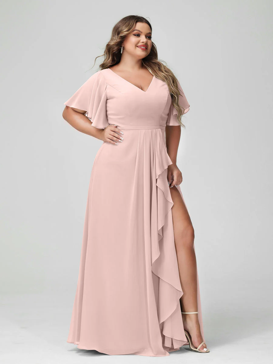 A-Line/Princess V-Neck Half Sleeves Chiffon Plus Size Bridesmaid Dresses with Split Side & Ruffles - Image 27