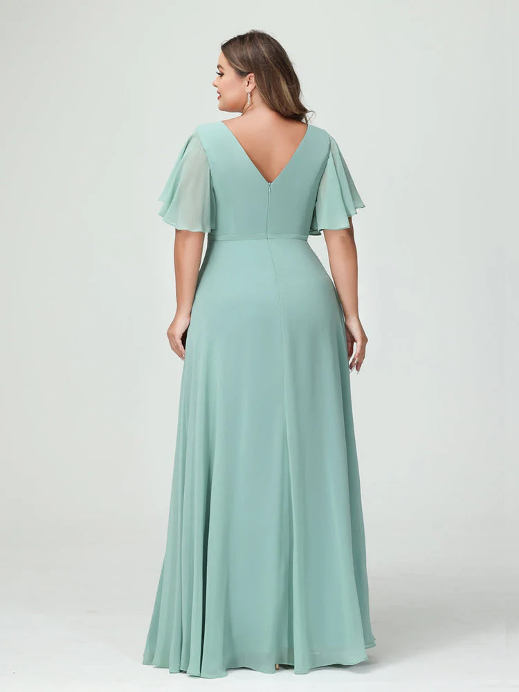 A-Line/Princess V-Neck Half Sleeves Chiffon Plus Size Bridesmaid Dresses with Split Side & Ruffles - Image 3