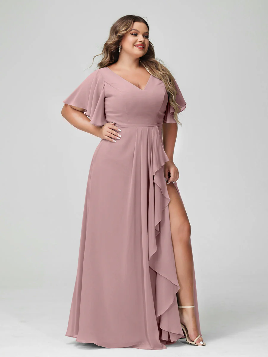 A-Line/Princess V-Neck Half Sleeves Chiffon Plus Size Bridesmaid Dresses with Split Side & Ruffles - Image 31