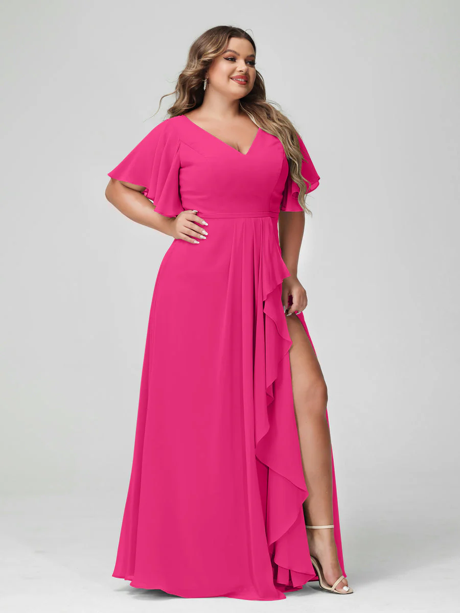 A-Line/Princess V-Neck Half Sleeves Chiffon Plus Size Bridesmaid Dresses with Split Side & Ruffles - Image 34