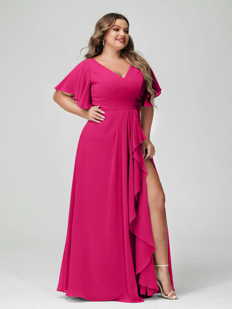 A-Line/Princess V-Neck Half Sleeves Chiffon Plus Size Bridesmaid Dresses with Split Side & Ruffles - Image 35