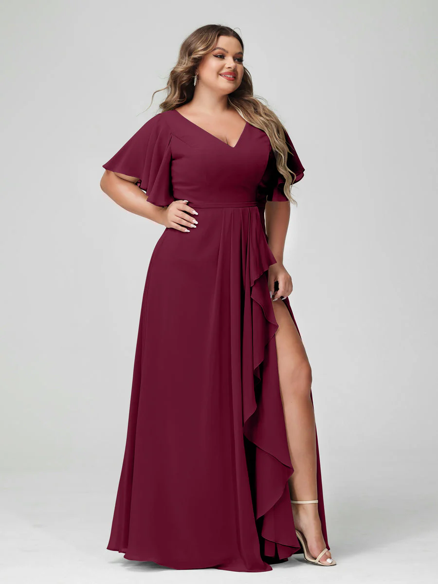 A-Line/Princess V-Neck Half Sleeves Chiffon Plus Size Bridesmaid Dresses with Split Side & Ruffles - Image 39