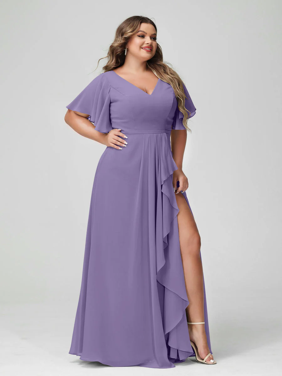 A-Line/Princess V-Neck Half Sleeves Chiffon Plus Size Bridesmaid Dresses with Split Side & Ruffles - Image 42