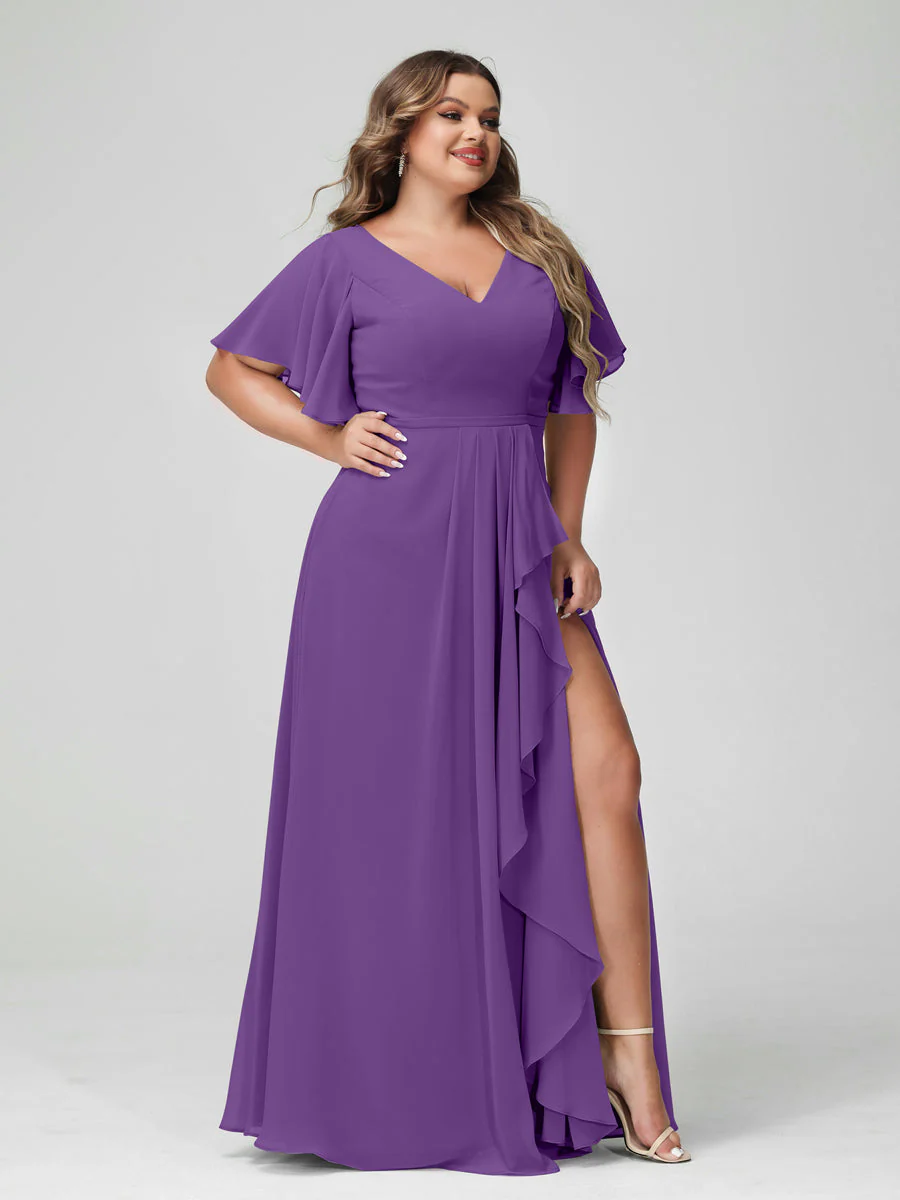 A-Line/Princess V-Neck Half Sleeves Chiffon Plus Size Bridesmaid Dresses with Split Side & Ruffles - Image 43