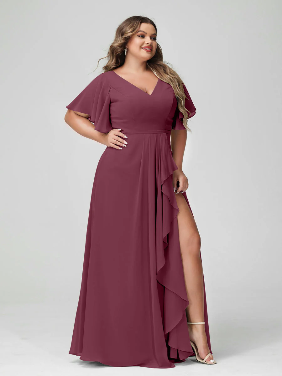 A-Line/Princess V-Neck Half Sleeves Chiffon Plus Size Bridesmaid Dresses with Split Side & Ruffles - Image 44