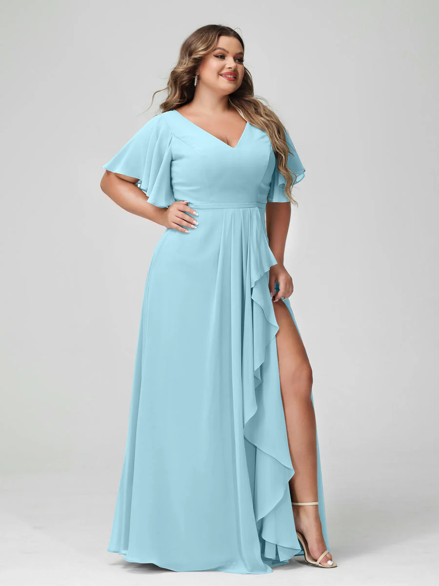 A-Line/Princess V-Neck Half Sleeves Chiffon Plus Size Bridesmaid Dresses with Split Side & Ruffles - Image 50