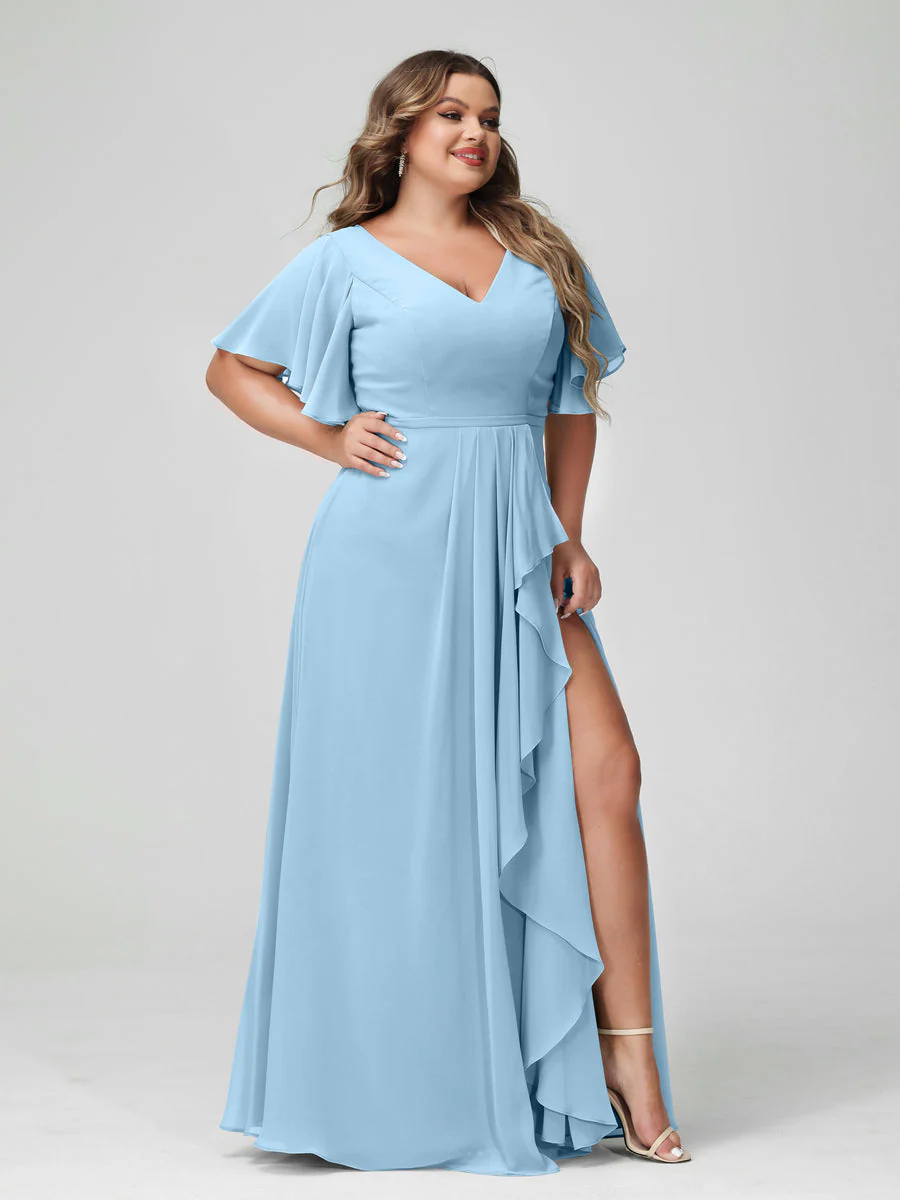 A-Line/Princess V-Neck Half Sleeves Chiffon Plus Size Bridesmaid Dresses with Split Side & Ruffles - Image 51