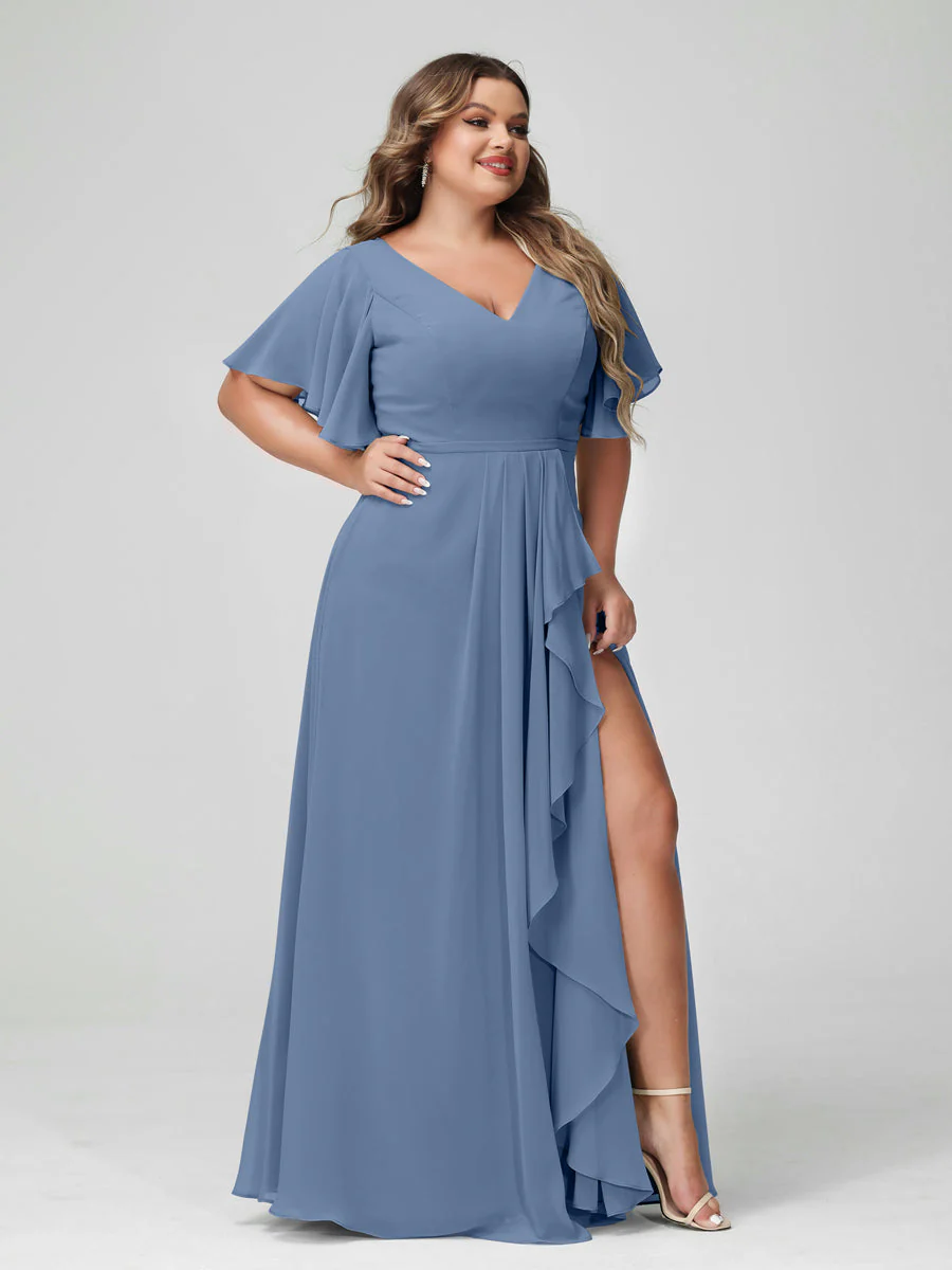 A-Line/Princess V-Neck Half Sleeves Chiffon Plus Size Bridesmaid Dresses with Split Side & Ruffles - Image 52