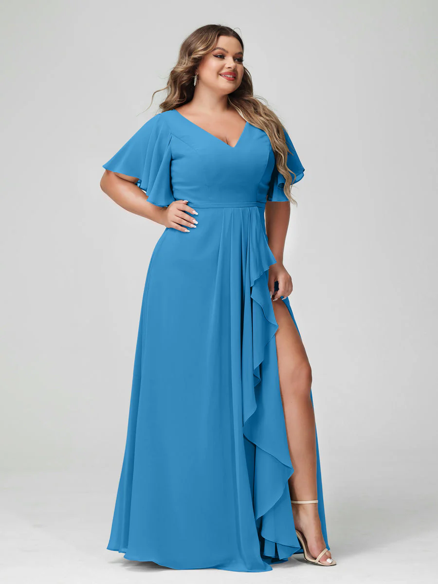 A-Line/Princess V-Neck Half Sleeves Chiffon Plus Size Bridesmaid Dresses with Split Side & Ruffles - Image 54