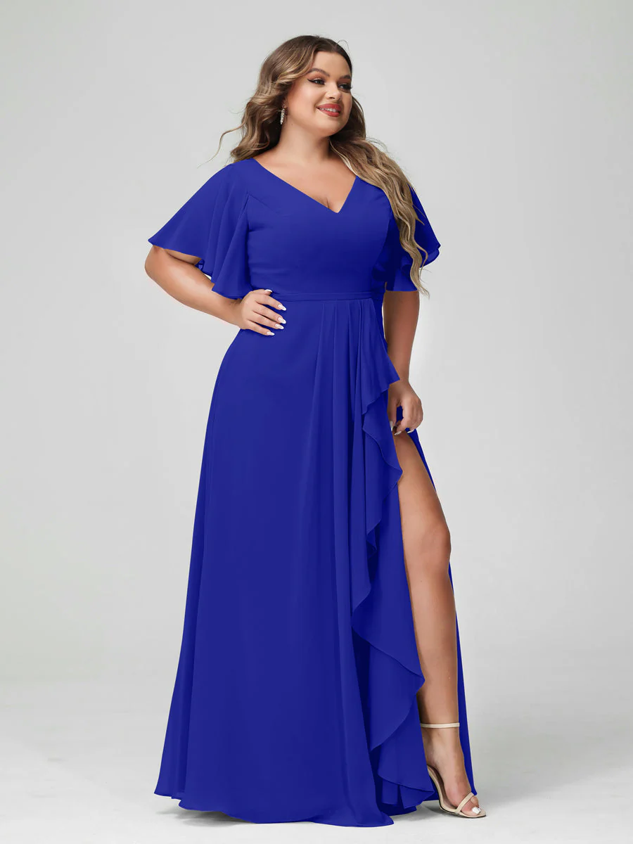 A-Line/Princess V-Neck Half Sleeves Chiffon Plus Size Bridesmaid Dresses with Split Side & Ruffles - Image 56