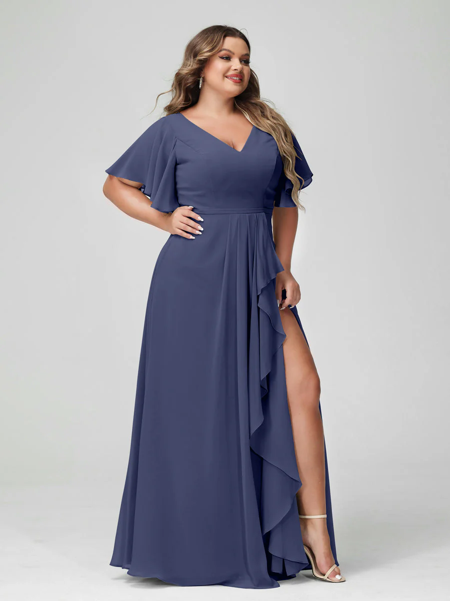 A-Line/Princess V-Neck Half Sleeves Chiffon Plus Size Bridesmaid Dresses with Split Side & Ruffles - Image 58