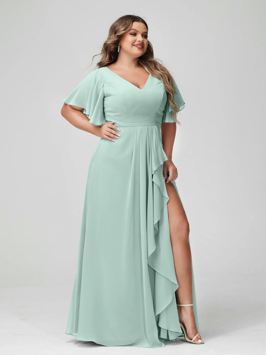 A-Line/Princess V-Neck Half Sleeves Chiffon Plus Size Bridesmaid Dresses with Split Side & Ruffles - Image 61