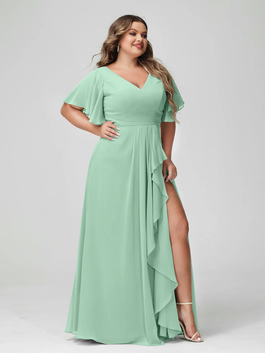 A-Line/Princess V-Neck Half Sleeves Chiffon Plus Size Bridesmaid Dresses with Split Side & Ruffles - Image 62