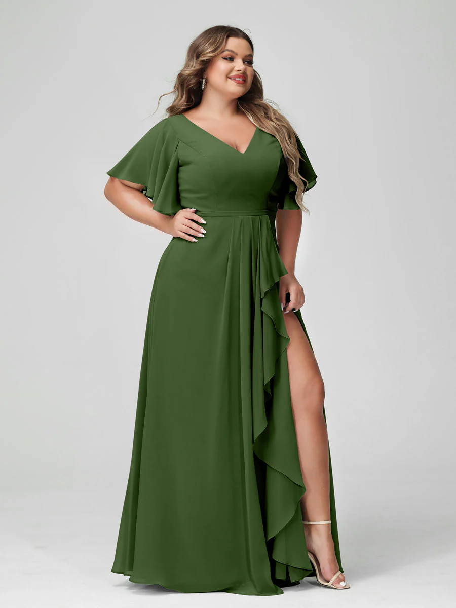 A-Line/Princess V-Neck Half Sleeves Chiffon Plus Size Bridesmaid Dresses with Split Side & Ruffles - Image 66