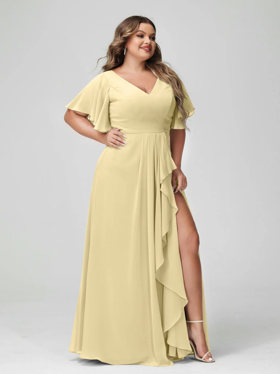 A-Line/Princess V-Neck Half Sleeves Chiffon Plus Size Bridesmaid Dresses with Split Side & Ruffles - Image 69