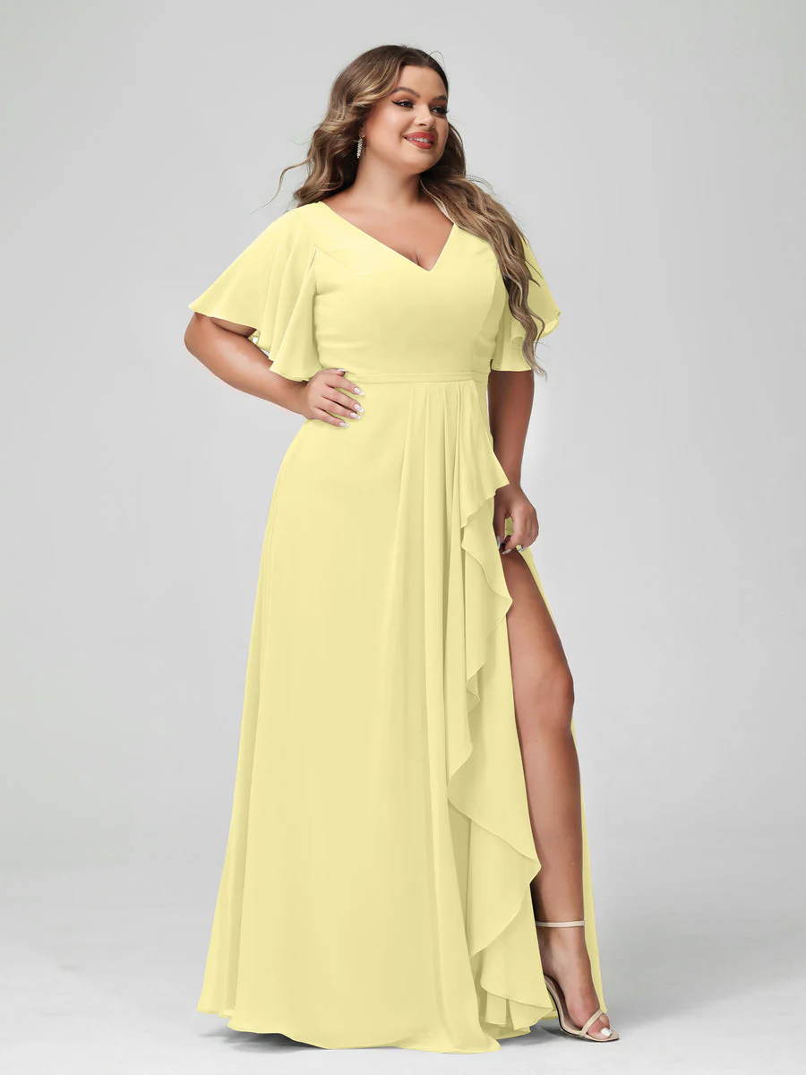 A-Line/Princess V-Neck Half Sleeves Chiffon Plus Size Bridesmaid Dresses with Split Side & Ruffles - Image 70